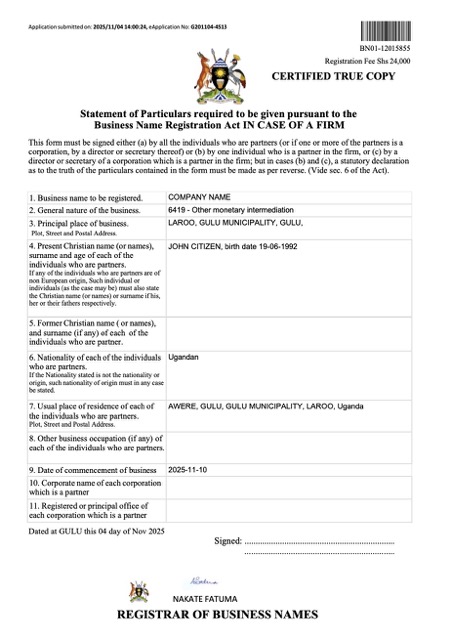Uganda business name registration certificate Word and PDF template, version 2